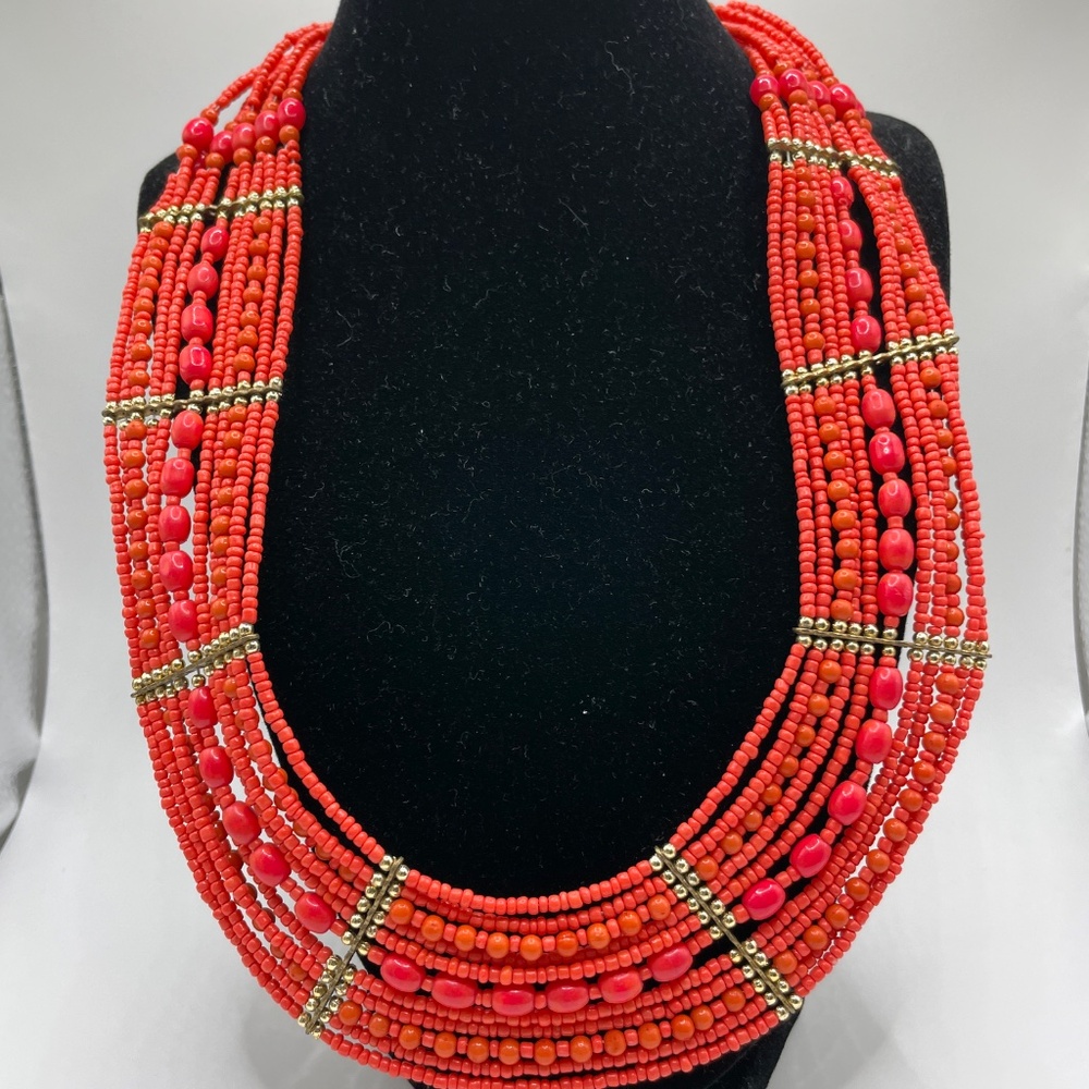 Contemporary Unsigned Orange Acrylic Multi Strand Tribal Look Beaded Necklace